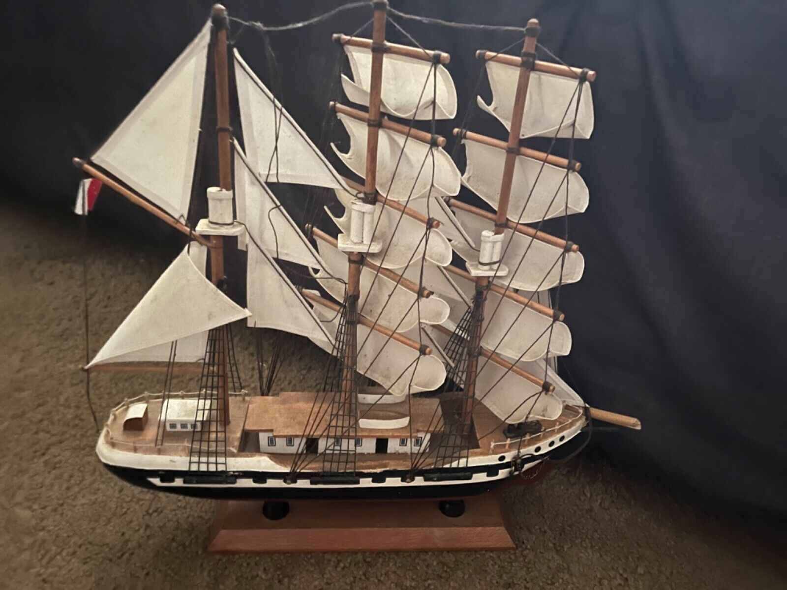 Vintage Handmade Wooden Belem Sailing Ship On Stand -- 21" X 17 1/2"
