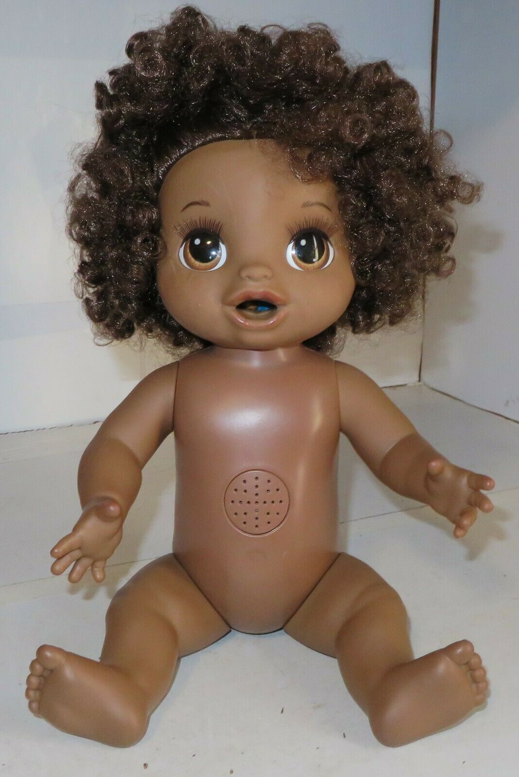 2018 Hasbro Baby Alive Happy Hungry African American Soft Doll Talks Eats Poops
